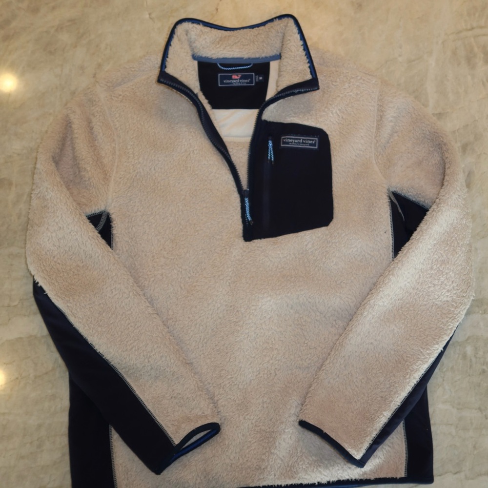 Vineyard Vines Ivory Sherpa Pullover with Navy Trim